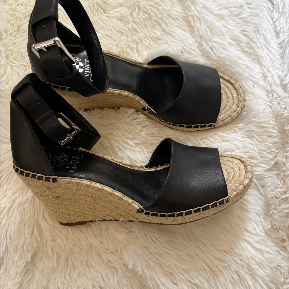 Vince Camuto Leera Black leather Espadrille Wedge Sandals-10, NWOT